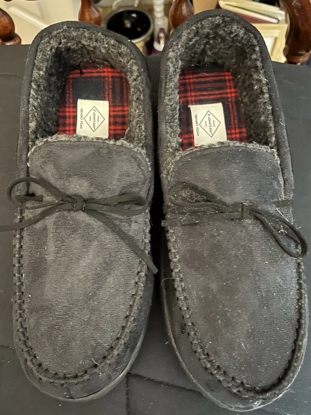 St. John’s Bay Men's Black Suede Moccasin Slippers with Fleece Lining 11-22